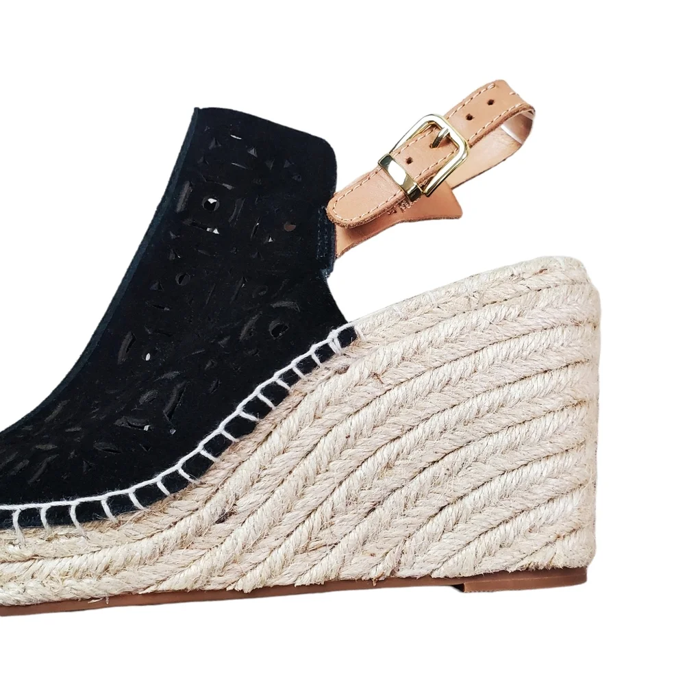 Seychelles Black Laser Cut Suede Leather Espadrille Wedge Shoes Size 7.5